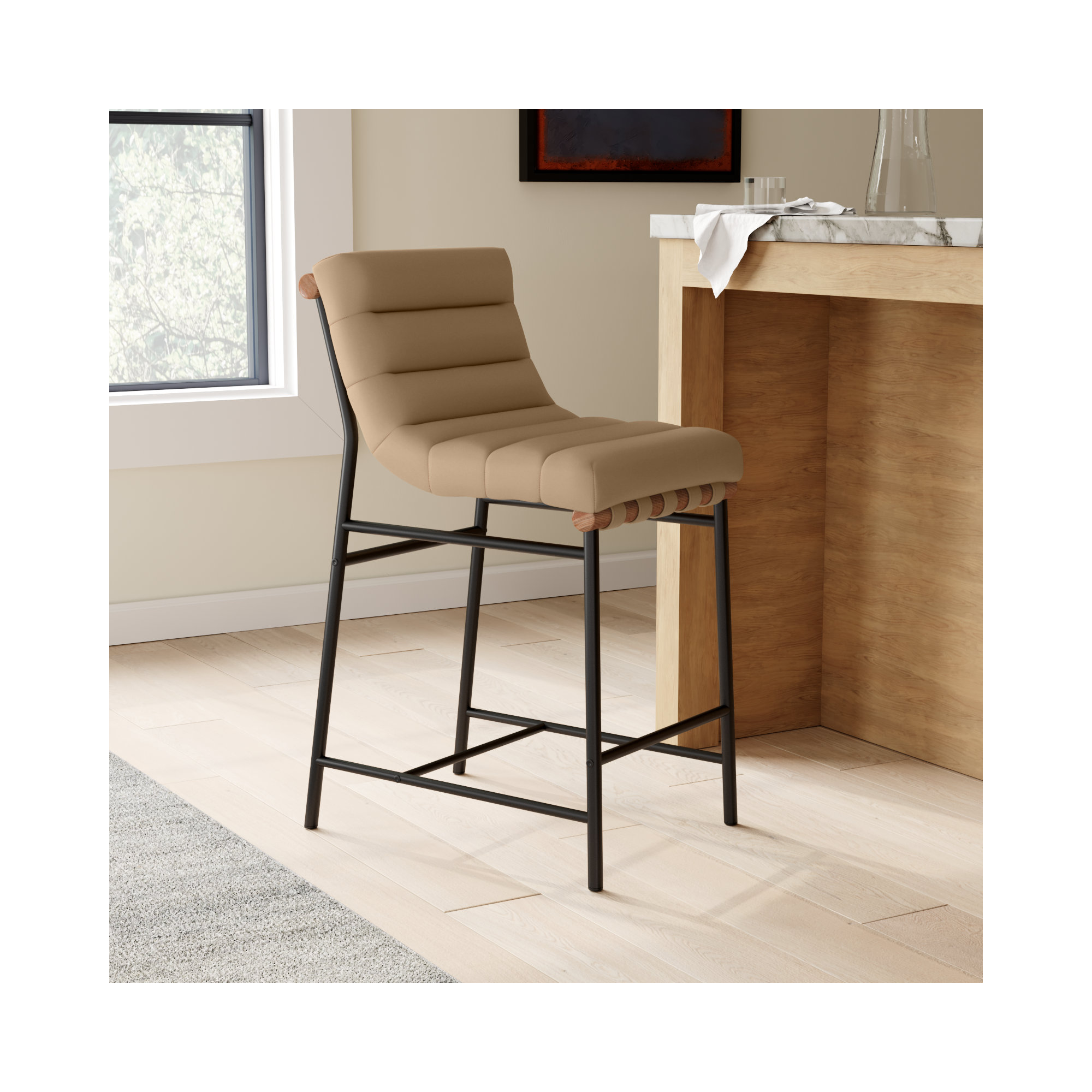Vincentas Counter Stool, Tan Vegan Leather, Counter Stool (26.4" Seat Height)