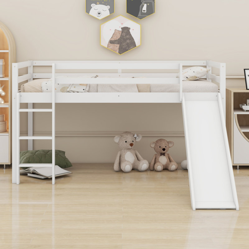 Twin Low Loft Bed With Slide, Ladder, Safety Guardrails, White