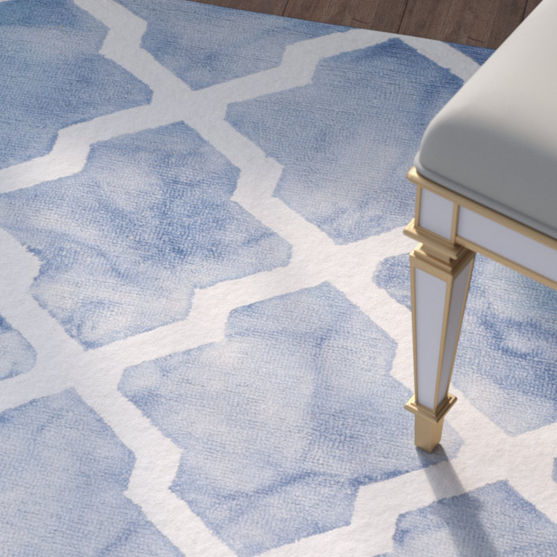 Tapis bleu / ivoire en laine touffeté à la main à motif géométrique, Rectangle 8 pi x 10 pi
