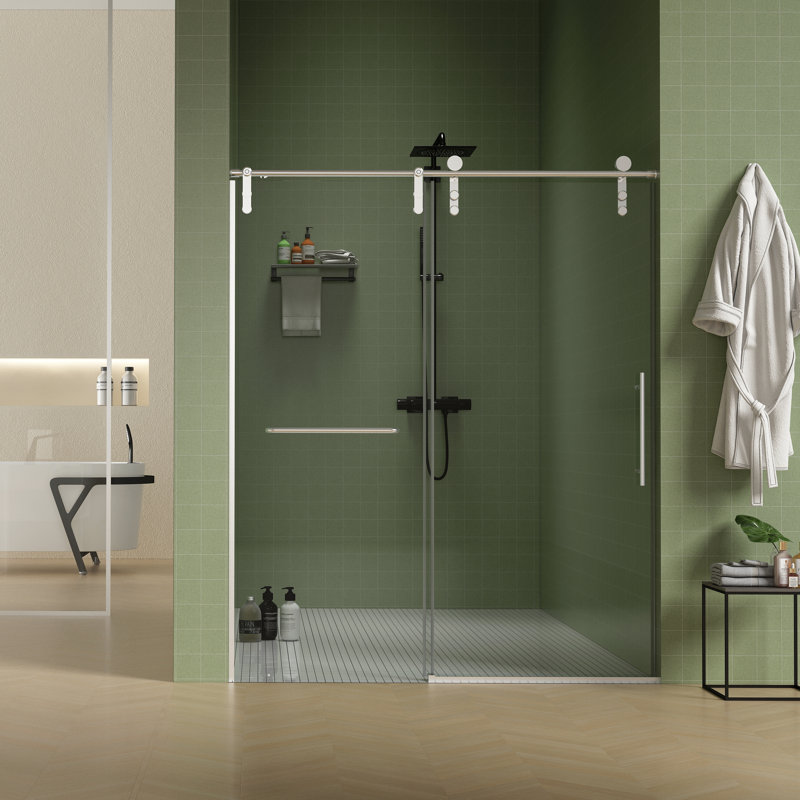Porte de douche sans cadre, porte de douche coulissante, cabine de douche en verre trempé épais de 5/16 po (8 mm) de qualité supérieure avec barre à serviettes, couche facile à nettoyer à double face, fini nickel brossé avec tampon