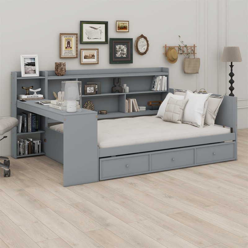 Lit de jour en bois avec 3 tiroirs, ports USB et bureau, Gris