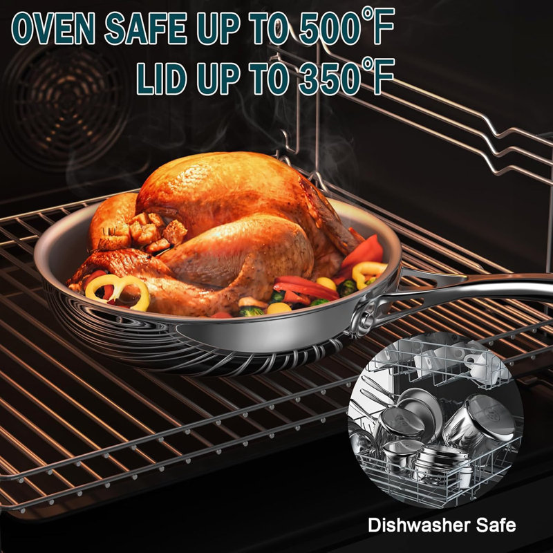 Wok standard en acier inoxydable 10,5 pouces avec couvercle, poêle à frire à fond plat, poêle à frire profonde, va au lave-vaisselle et au four, compatible avec toutes les surfaces de cuisson