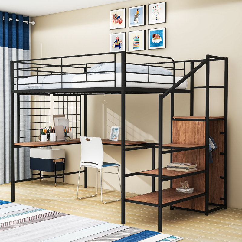 Metal Loft Bed With LED Lighting, Built-In Desk,Staircase, And Wardrobe