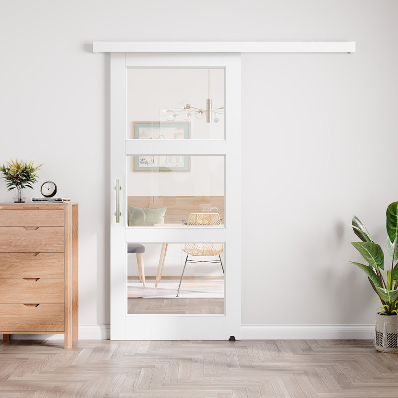 Concealed Track Sliding Barn Door White Primed 3-Lite Clear Glass Closet Pantry Doors with Hardware Kit(No Assembly Required)