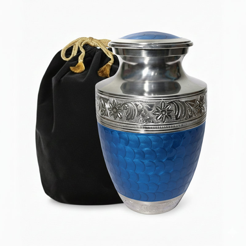 Engraved Memorial Urn With Textured, Blue