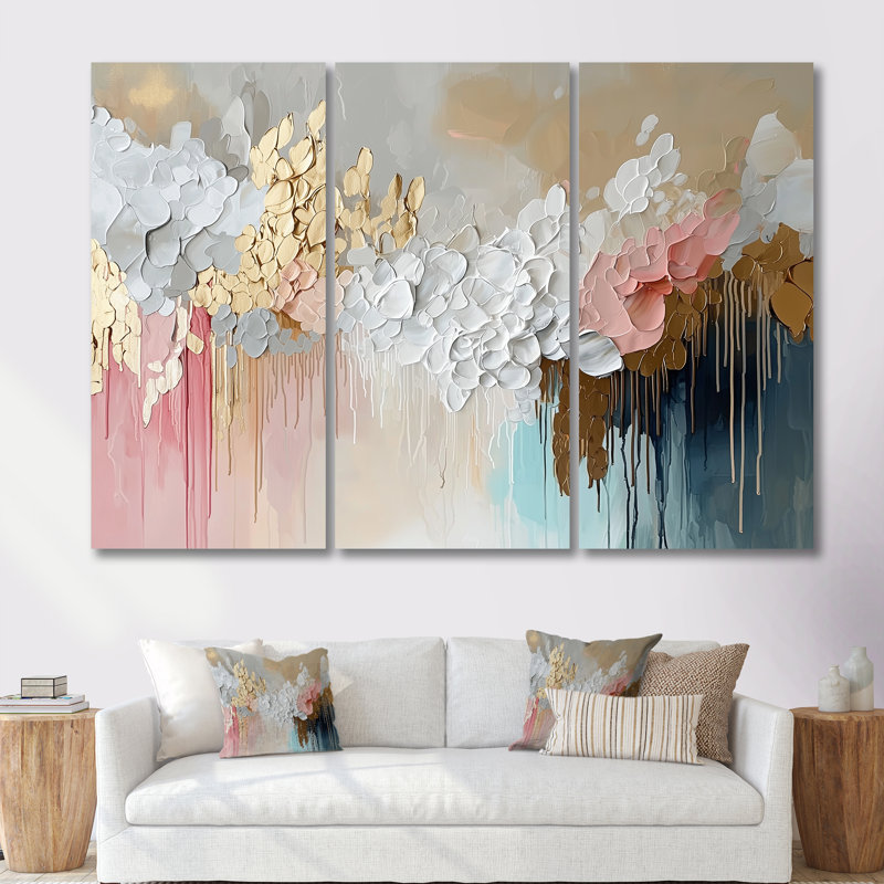 «White and Gold Brushstroke Abstract Paint III», ensemble de salon d'art mural à collage abstrait, Toile tendue