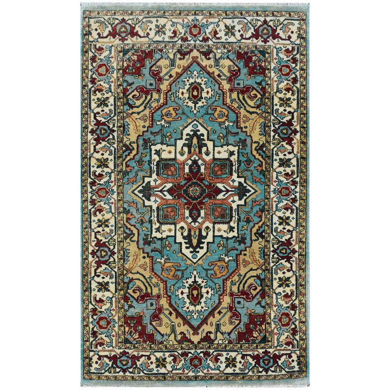 Tapis bleu clair et ivoire noué à la main de haute qualité, Rectangulaire 3 pi x 5 pi
