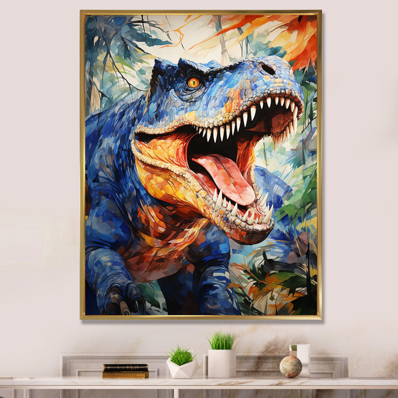 «Colorful Roaring Trex Dinosaur II», art mural dinosaure, Toile tendue, 32" H x 24" W