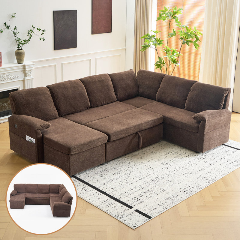 Upholstered Velvet U-Shaped Sectional Sleeper Couch Pull Out Sofa Sofa Bed, Dark-Brown Velvet