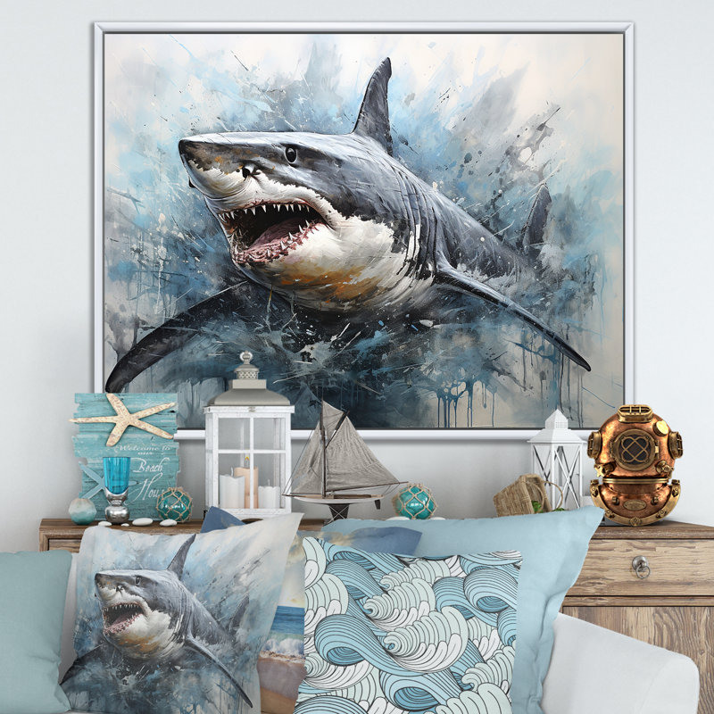 Minimalism Blue Shark Painting - Shark Wall Art, White Floater Framed, 30" H x 40" W x 1.5" D