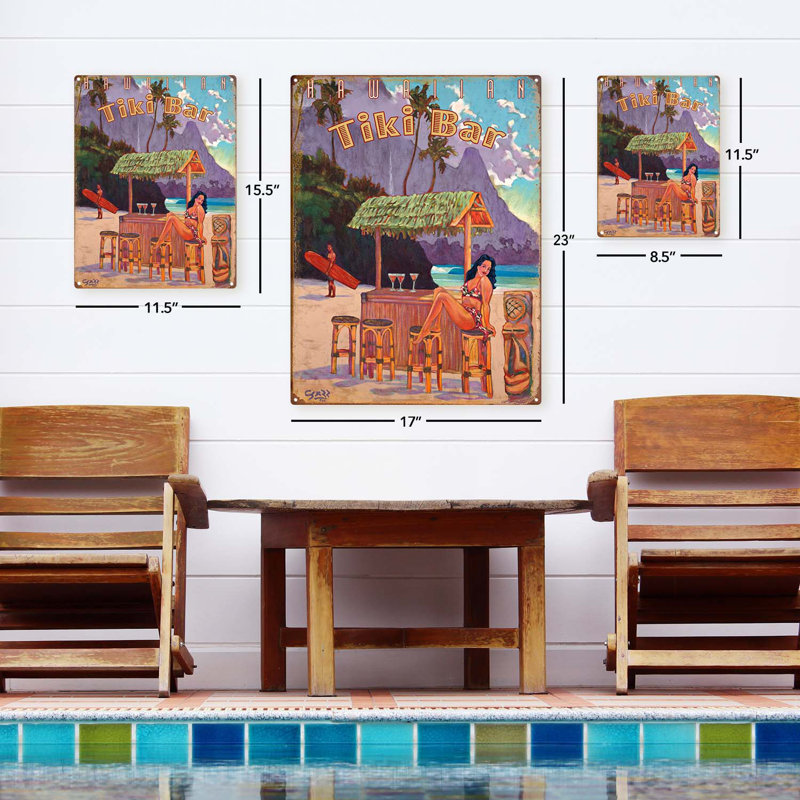 Bar Tiki hawaïen rétro sur impression métallique, H 23,2 po x l 17,2 po x P 0,04 po