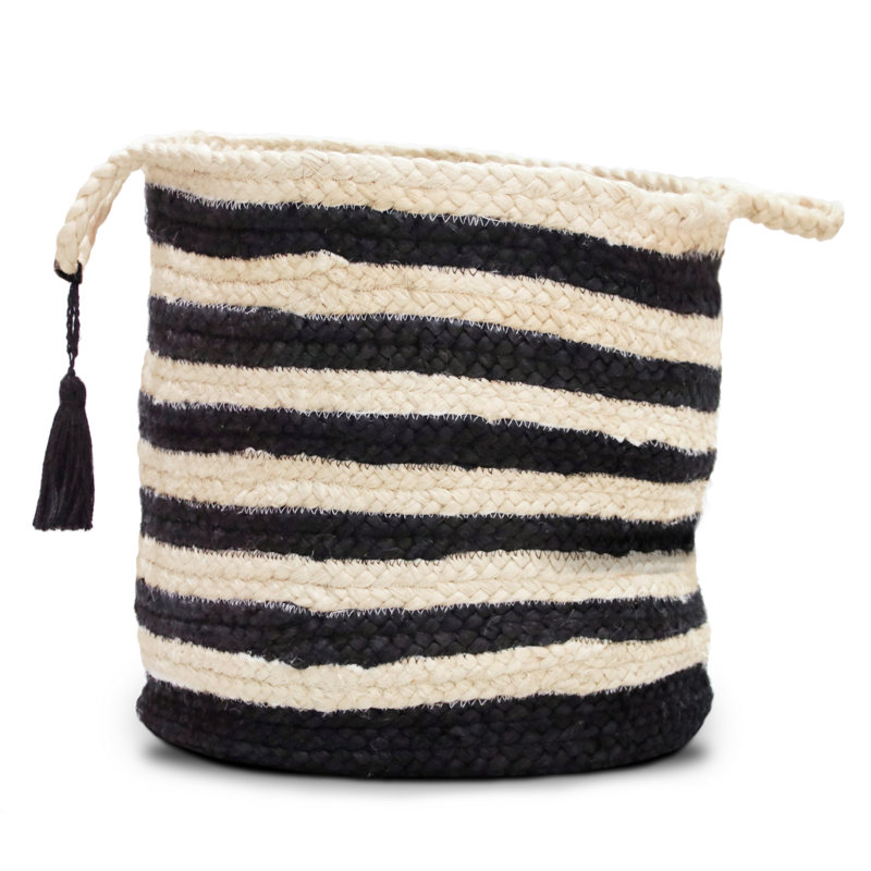 17" Cream and Black Round Jute Storage Basket