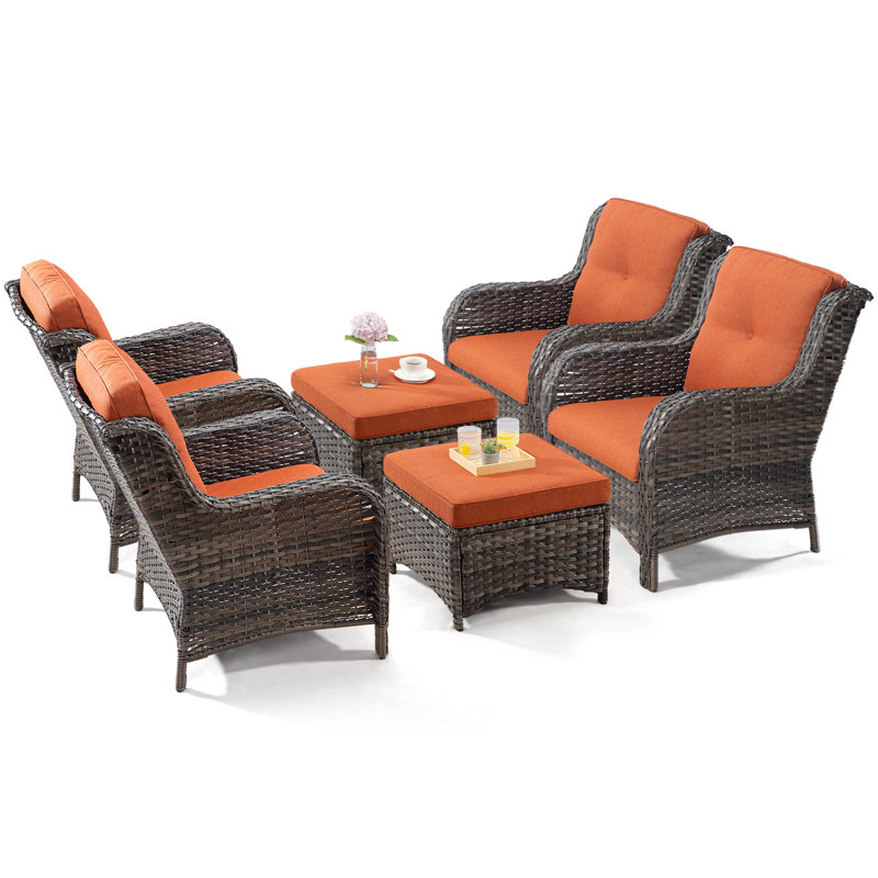 Wicker 4-Person Patio Conversation Set with Cushions and Ottoman, Orange