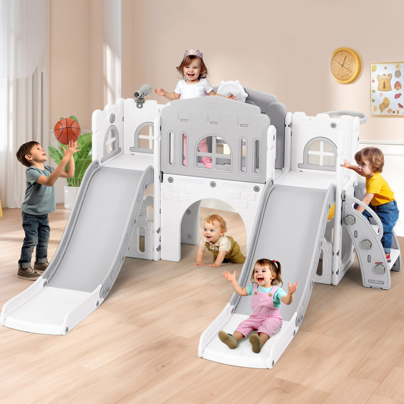 Joyldias 70.9'' W 9 In 1  Plastic Climber Toddler Slide, Toddler Playground With Double Slides,, Gray/White