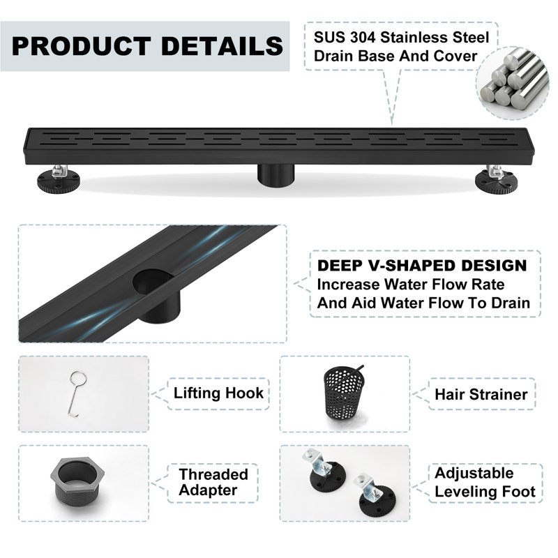 Matte Black Stainless Steel Rectangle Shower Floor Drain,28-Inch Linear Drain With Leveling Feet,Hair Strainer,Removable Bar Pattern Grate