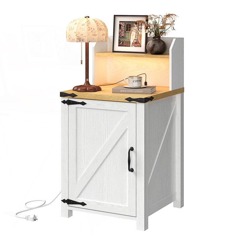 Nightstand With Charging Station, Farmhouse End Table With Barn Door And Adjustable Storage Shelf, White, Natural