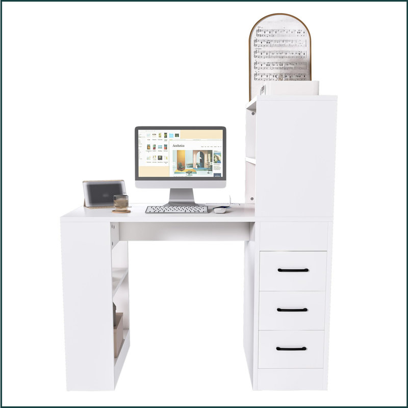 Bureau d'ordinateur, bureau moderne avec 3 tiroirs, 4 tablettes de rangement ouvertes et prises de courant 4-en-1, bureau d'écriture, bureau à domicile avec huche pour bureau