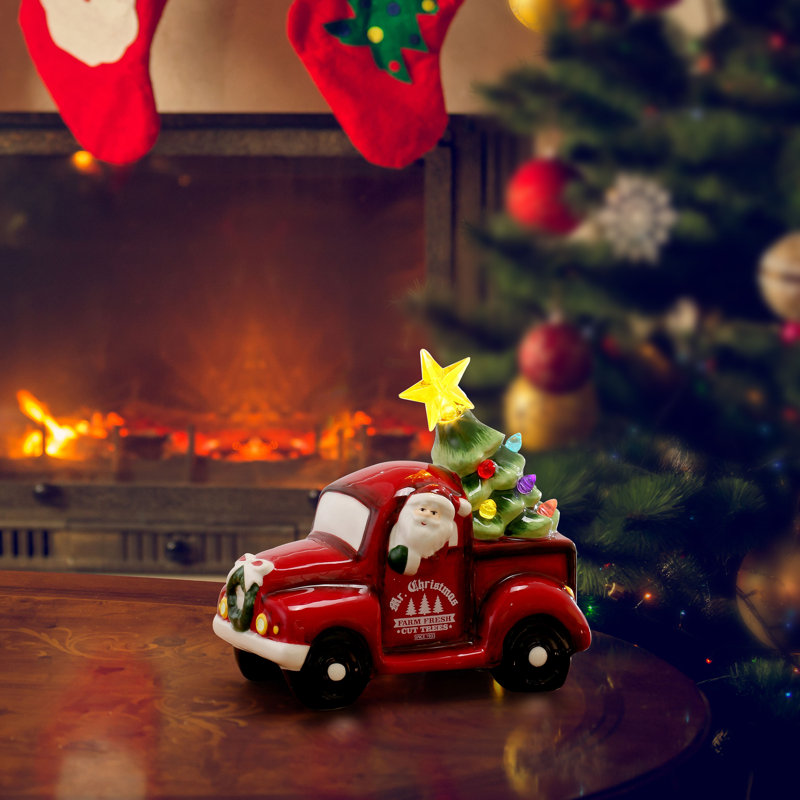 Camion en céramique nostalgique - Père Noël blanc, H 5,5 po x l 5,75 po x P 3,75 po