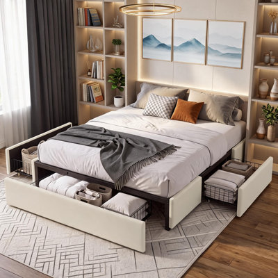 Upholstered Platform Bed Frame, 3 Storage Drawers