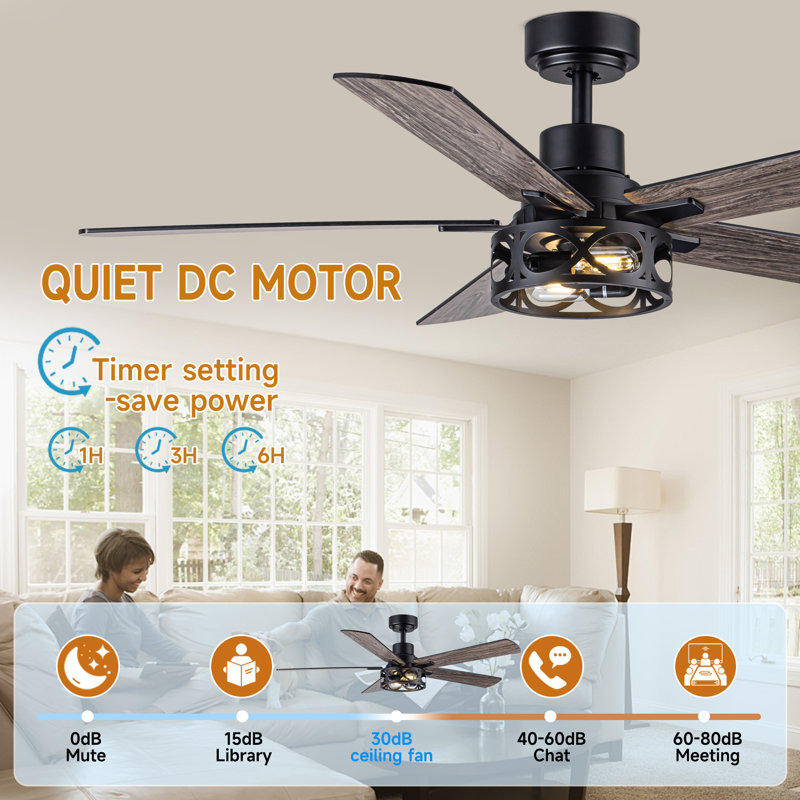 52 Inch 2 Lights Industrial Ceiling Fan Lights  Remote Control, Reversible 5 Blades Dark Grey Wood Grain with 6 Speeds, DC Quiet Motor for Dining Room, Bedroom.