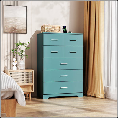 Armoire de rangement en bois à 7 tiroirs avec prise intégrée, organisateur durable pour la chambre à coucher, le salon et le bureau