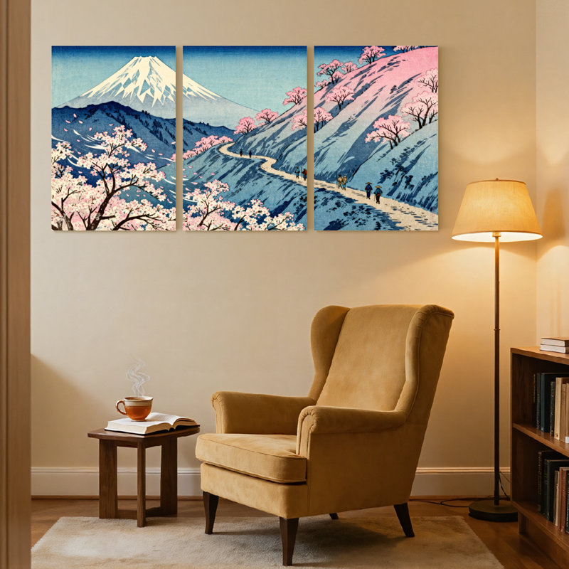 Mont Fuji, paysage de cerisiers en fleurs, H 24 po x l 48 po