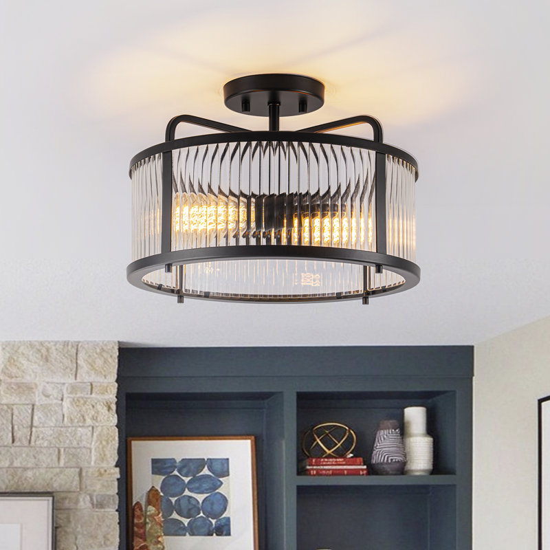 Plafonnier semi-encastré Modern avec abat-jour en verre texturé, Matte Black
