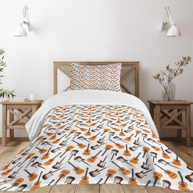 Ambesonne Guitar Bedspread Set Realistic Instruments Pale Orange Brown White, Twin Bedspread + 1 Standard Sham