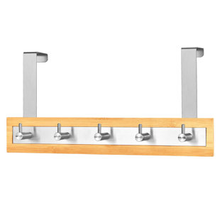 ToiletTree Products Bamboo and Stainless Steel Over-the-Door Hook Rack - 5 Hooks, Modern Towel and Coat Organizer for Bathroom, Closet, Laundry Room, and Utility Room