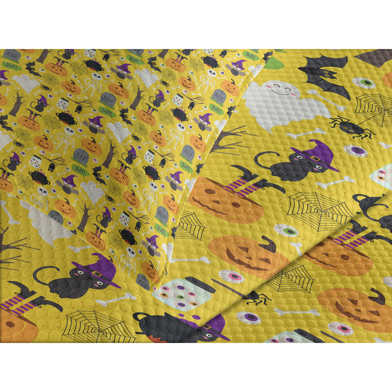 Ambesonne Ghost Bedspread Set Halloween Elements Cartoon Multicolor, Queen Bedspread + 2 Standard Shams