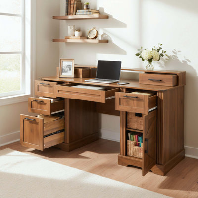Bureau de ferme avec armoire de rangement pour station de charge, bureau d'étude avec porte de grange avec tiroir classeur, support pour écran et plateau à clavier pour bureau, bureau et salon