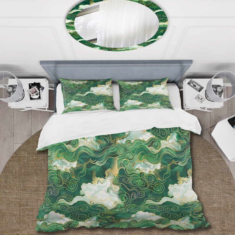 Ensemble de housse de couette chinois blanc et vert avec nuages chinois I, Housse de couette très grand + 2 taies décorativ
