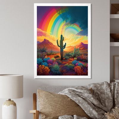 «Cactus in Desert Under Bright Colored Rainbow», reproduction sur toile