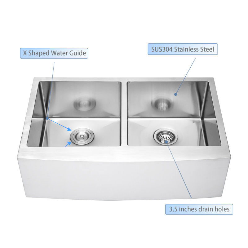 33'' Brushed Stainless Steel Double Bowl Farmhouse Kitchen Sink with Accessories