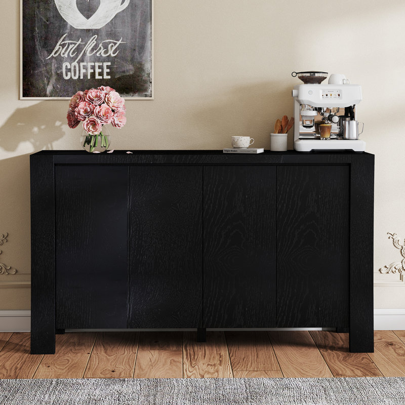 Buffet Storage Cabinet For Dining Room, Kitchen, Wood 4-Door Sideboard With 4 Compartments, Black 