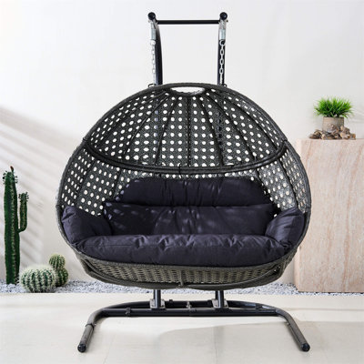 Premium Double Swing Chair with Handwoven Wicker, Heavy Duty Frame, Silent Swaying and Waterproof Cushions, Modern Design