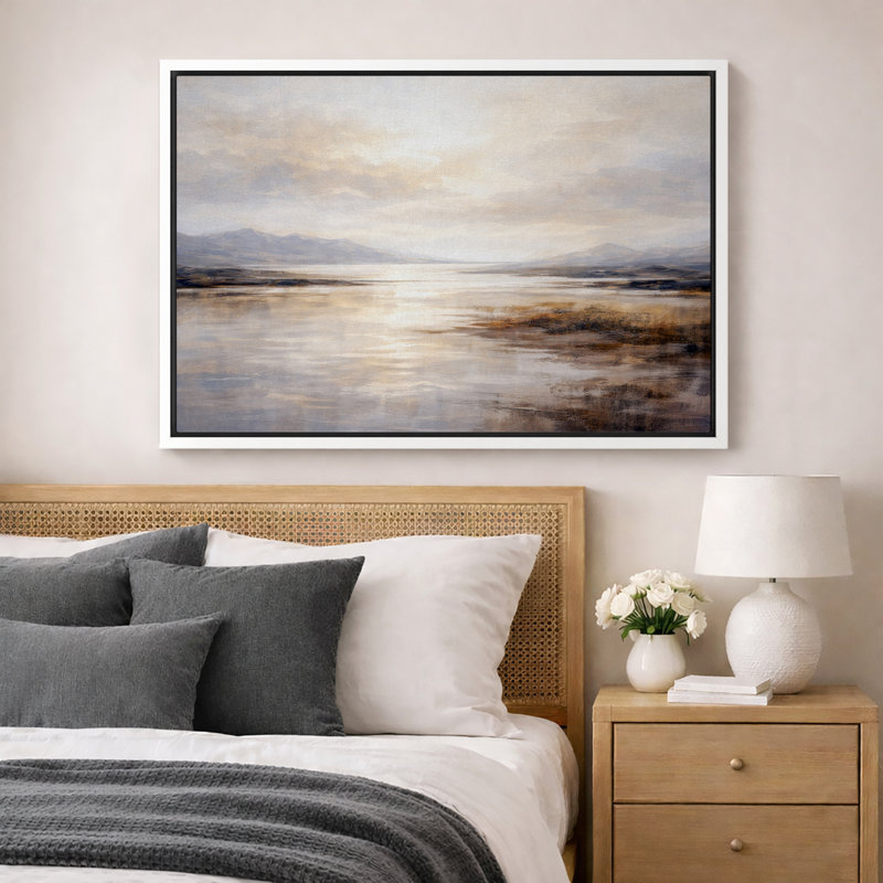 Coucher de soleil doré, art du paysage, images de salon chaleureux, impression sur toile encadrée, Cadre blanc