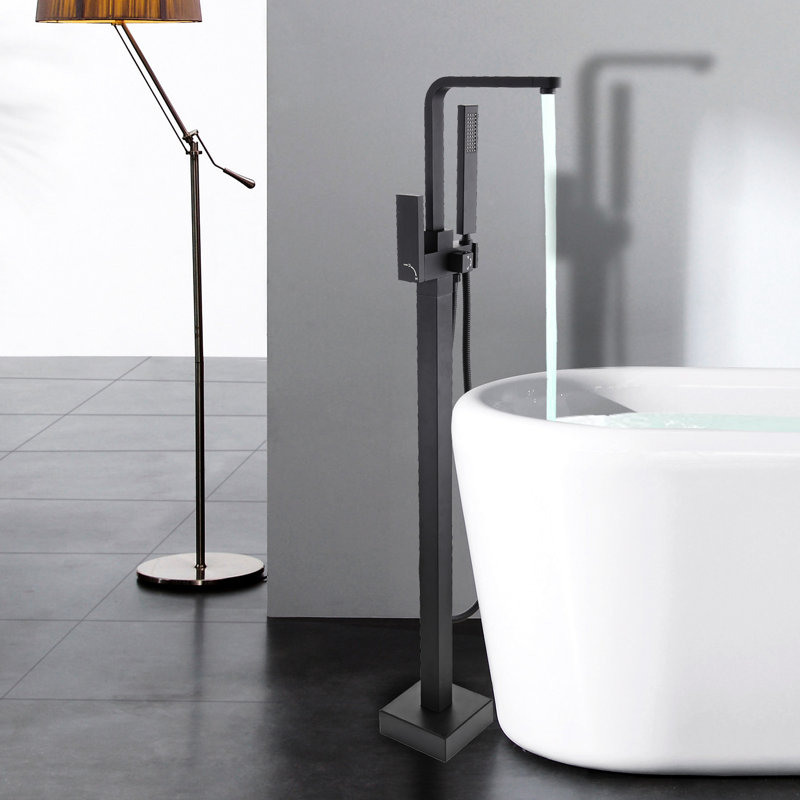 Robinet de baignoire autoportant moderne avec douche à main en métal noir mat élégant et