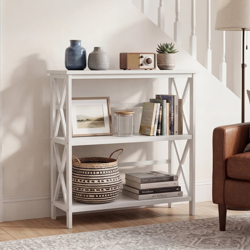 3-Shelf Bookcase, 3-Tier Open Bookcase with X-Design Frame, Console Table for Living Room, Home Office, White