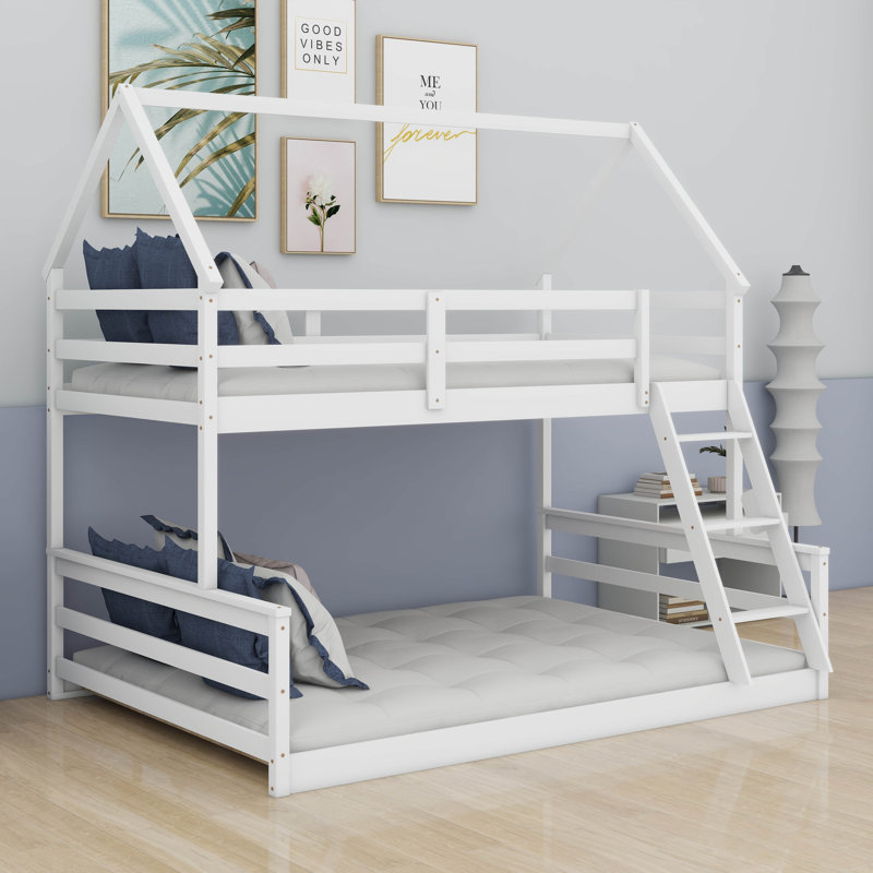 House Floor Bunk Bed With Ladder Twin Over Full,Wood Low Bunk Bed For Kids Juniors, Space-Saving,No Box Spring Needed, White