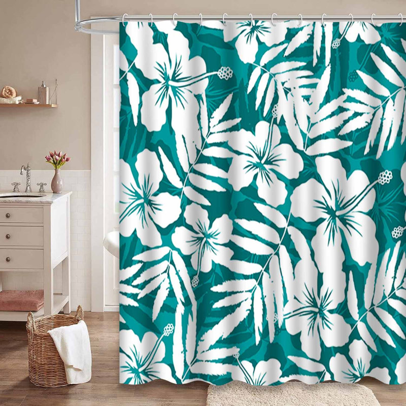 Rideau de douche imperméable Hibiscus Hawaiian Blue Palm avec 12 crochets, L 72 po x l 84 po