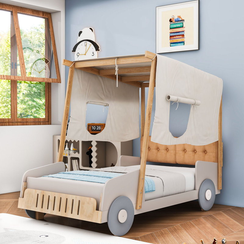 Wood Car Bed With Upholstered Headboard and Ceiling Cloth, Twin