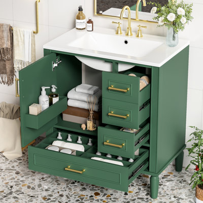 Bibliothèque de salle de bain 30 po avec fermeture en douceur, trois tiroirs, lavabo en céramique, poignées dorées, petit meuble-lavabo intégré, portes fermées, pour espaces