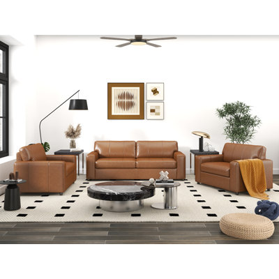 Caro Espinoza Leather Upholstered 3-Piece Living Room Set, Sofa And 2 Cutler Chairs
