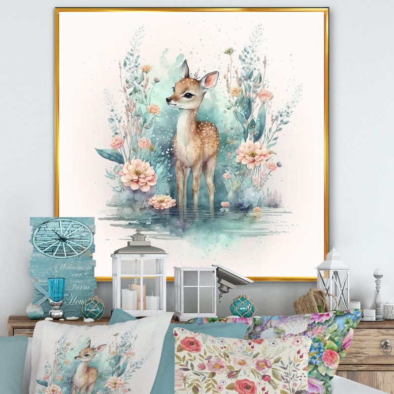 Mignon petit cerf avec fleurs roses - reproduction sur toile, L 16 po x H 16 po, Toile avec cadre flottant or