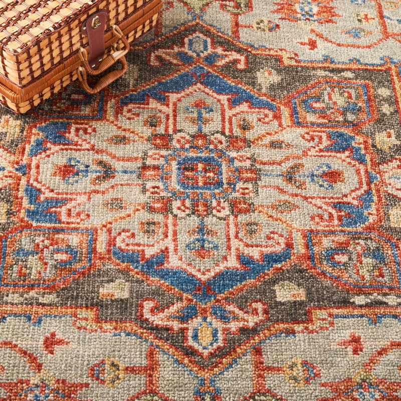 Tapis oriental en laine / coton oriental noué à la main bleu marine / gris / orange, Rectangle 6 pi x 9 pi