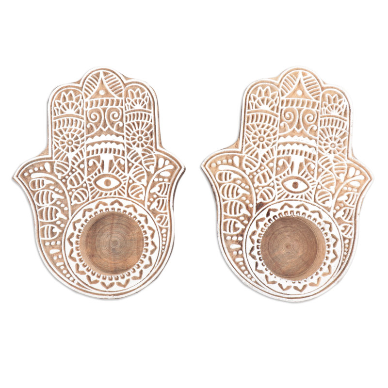 Bougeoirs lumineux en bois Bungalow Rose faits à la main Hamsa (paire)