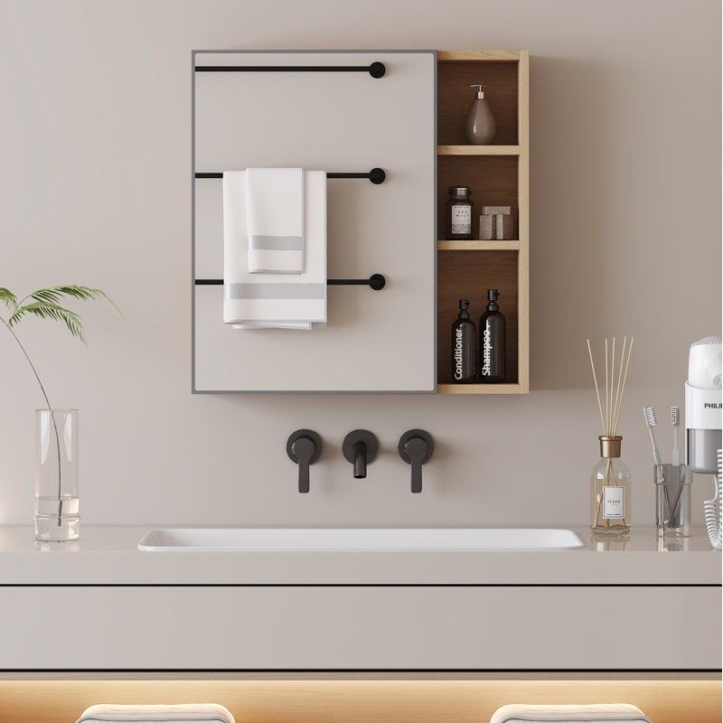 Natural Wood Grain Multi-Function Mirror Cabinet - Clear Mirror and Storage Space. MDF material mirror cabinet,a separate wall mounted bathroom mirror for storage and space saving