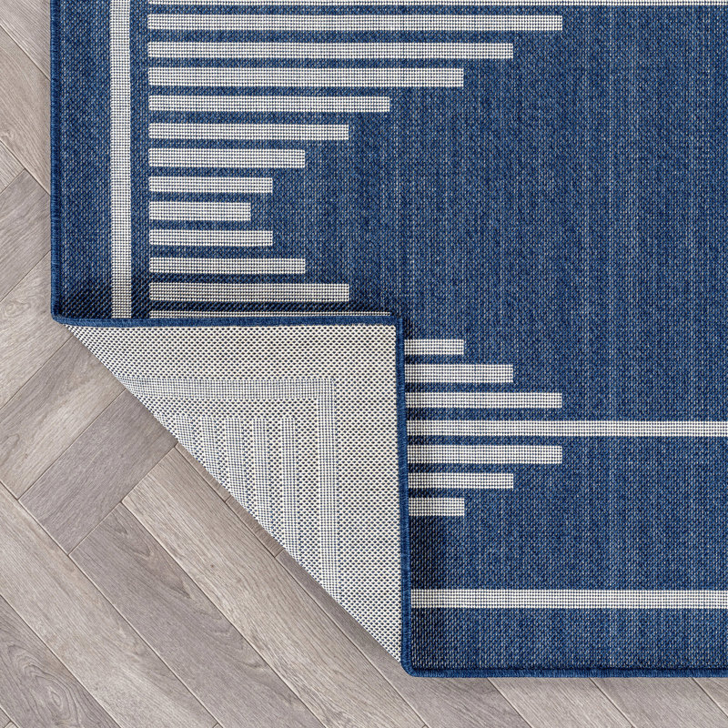 Tapis intérieur / extérieur tissé à motif géométrique bleu marine / ivoire en jute facile d'entretien, Marine