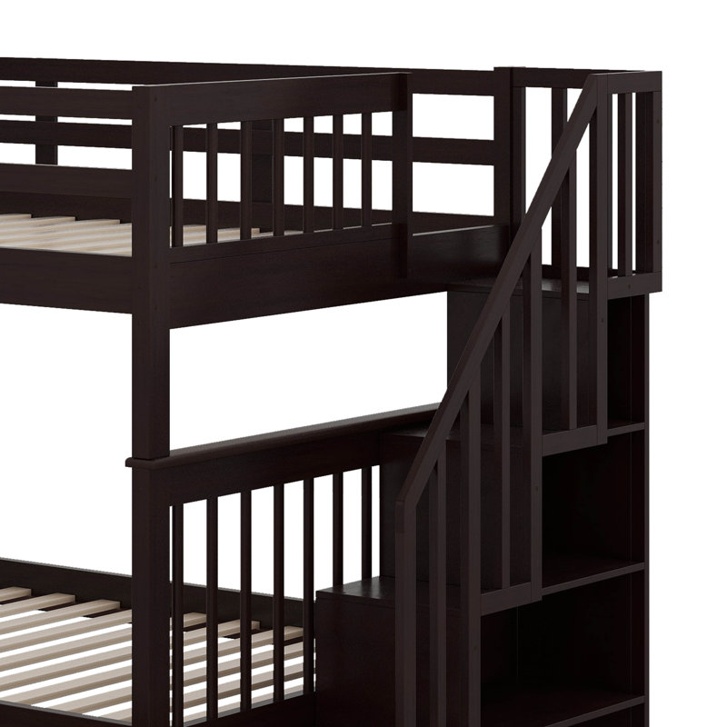 3 Drawers Wood Standard Bunk Bed, Espresso, Full Over Full